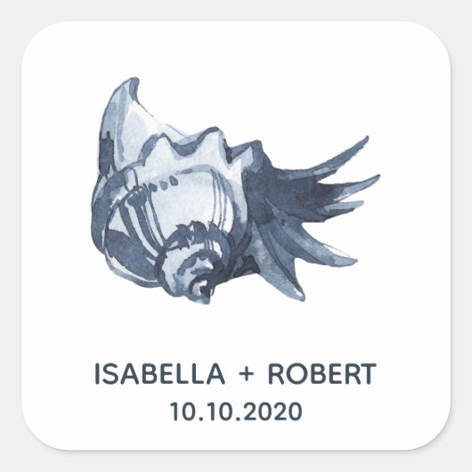 De blauwe schelp | Bruiloft Monogram Vierkante Sticker (Voorkant)