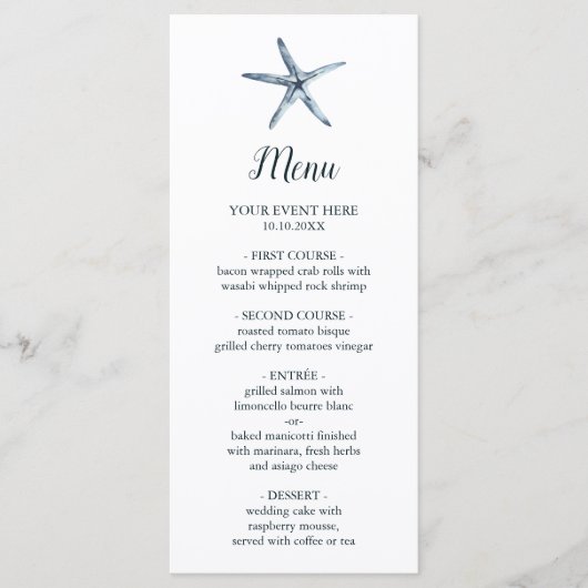 De blauwe Starfish | Nautical Wedding Menu (Voorkant)