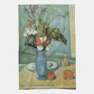 De blauwe vaas (Bloemen en fruit) van Paul Cezanne Theedoek