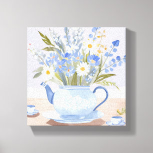 De Bloeiende Kookketel Blauwe Aquarel Thee Schil Canvas Afdruk