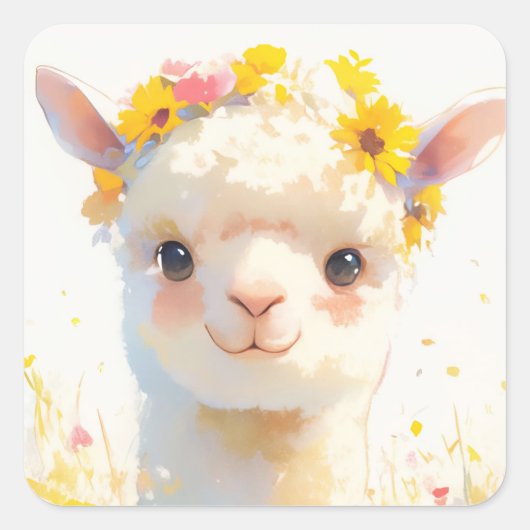 De bloem kroonde alpaca vierkante sticker (Voorkant)