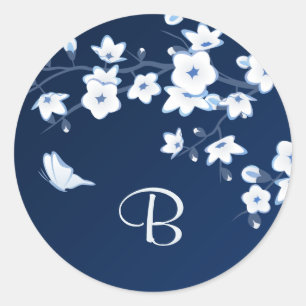 De bloemen Kers komt Donkerblauw Wit Monogram tot Ronde Sticker