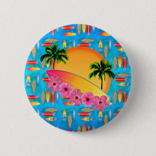 De Bloemen van de surfplank en van de Hibiscus Ronde Button 5,7 Cm