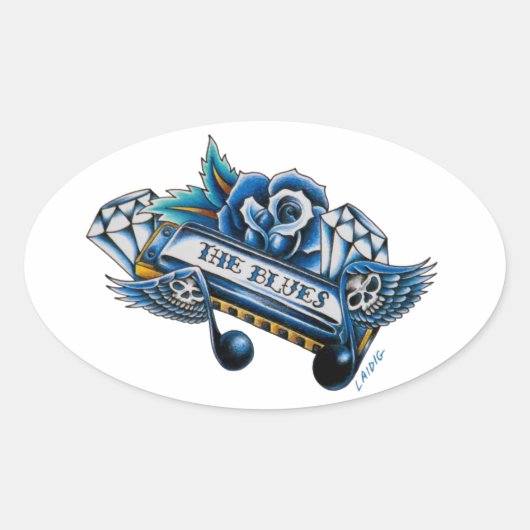 De Blues Harmonica Flash Art Ovale Sticker (Voorkant)