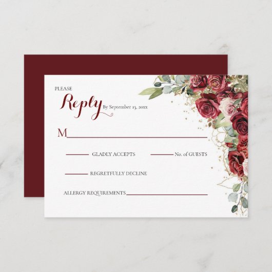 De Blushing Bride Red Rose Bruiloft RSVP Kaartje (Voorkant / Achterkant)