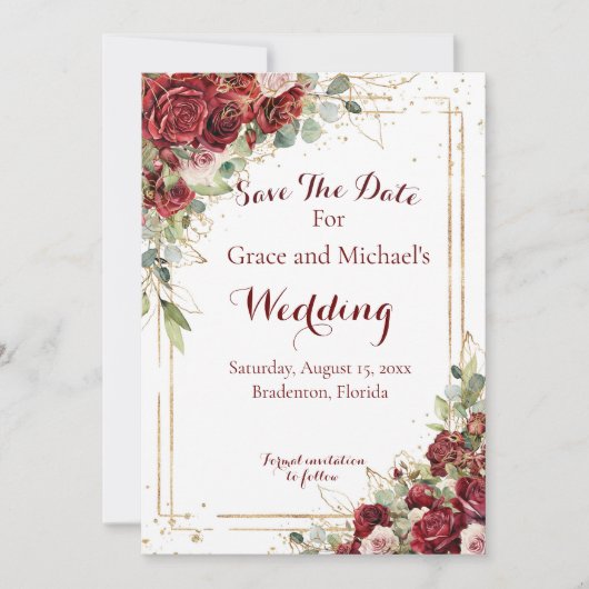 De Blushing Bride Red Rose Bruiloft Save The Date (Voorkant)