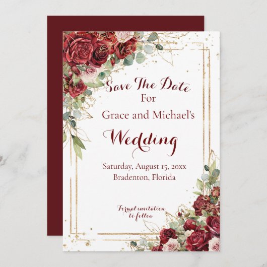 De Blushing Bride Red Rose Bruiloft Save The Date (Voorkant / Achterkant)