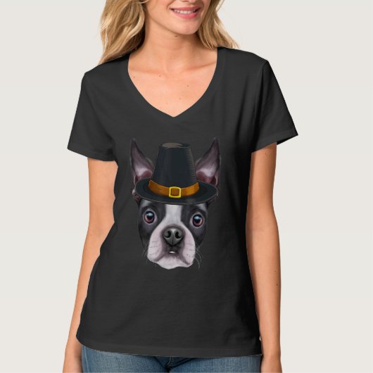 De Boston Terrier draagt een Thanksgiving van het  T-shirt (Voorkant)