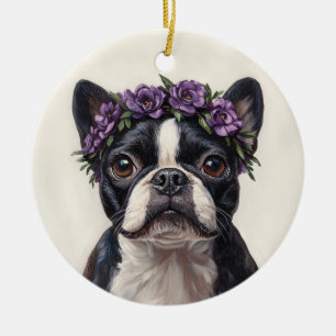 De Boston Terrier in een Paarse bloemkroon Keramisch Ornament