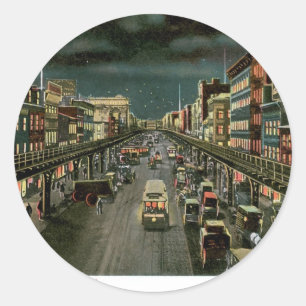 De Bowery, bij nacht, New York. Vintage. Ronde Sticker