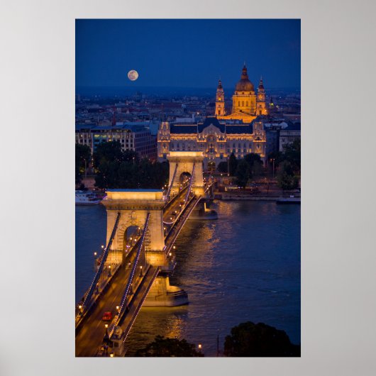 De Brug van de ketting en Volledige Maan bij nacht Poster (Voorkant)