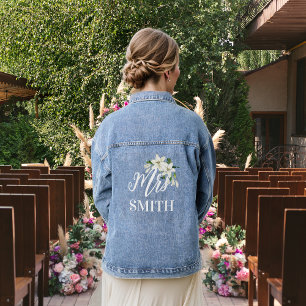 De bruid Mrs. White Lilies Bloemenboeket Denim Jacket