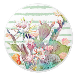 De cactus van de waterverf, bloemen en keramische knop