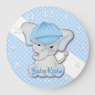 De cartoon baby olifant op een blauwe witte poka grote klok