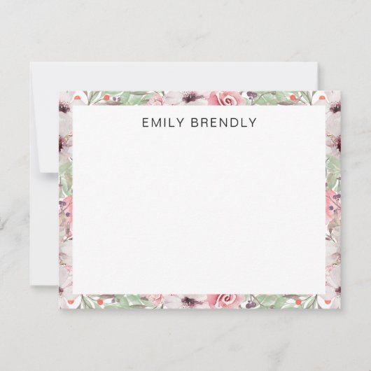 De Correspondance Aquarelle rose Floral Greenery Carte à note plate (Devant)