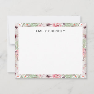 De Correspondance Aquarelle rose Floral Greenery Carte à note plate