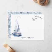 De Correspondance Carte d'Aquarelle pour Yacht & Seaguls (Devant/Arrière en situation)