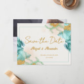 De Correspondance Élégante carte Fleur Turquoise 'Enregistrer la dat (Devant/Arrière en situation)