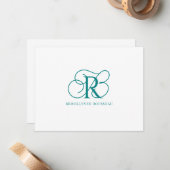 De Correspondance Élégante carte Monogramme Turquoise à note plate (Devant/Arrière en situation)