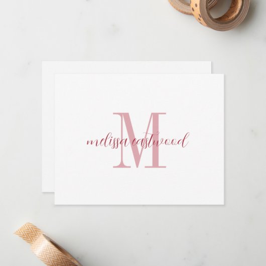 De Correspondance Nom élégant écriture Rose Monogramme Carte simple (Devant/Arrière en situation)
