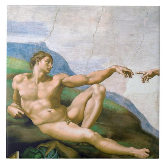 De creatie van Adam (detail), Michelangelo Tegeltje (Voorkant)