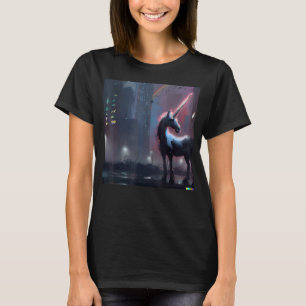 De Cyberpunk-eenhoorn onder een regenboog in een t T-shirt