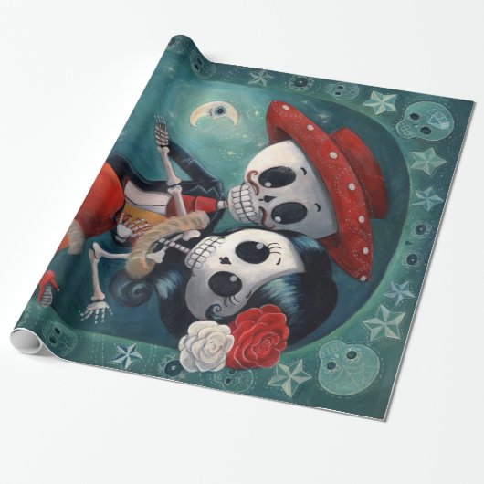 De dag van de dode skeletovers cadeaupapier (Uitgerold)