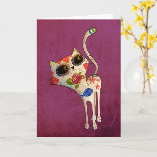 De dag van de Dode Witte Leuke Kat Kaart (Gele Bloem)