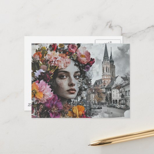 De Dame Collage Met Bloemen en Gebouwen Briefkaart (Voorkant / Achterkant in situ)