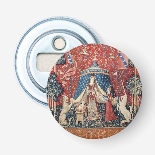 De Dame en de Unicorn, naar mijn enige wens Button Flesopener (Voorkant)