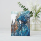 De dame in de stad gekleed in het blauw briefkaart (Staand voorkant)