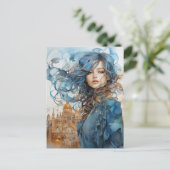 De dame in de stad met blauw haar briefkaart (Staand voorkant)