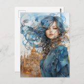 De dame in de stad met blauw haar briefkaart (Voorkant / Achterkant)