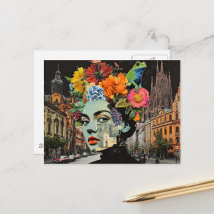 De dame in een collage van bloemen gebouwen kikker briefkaart