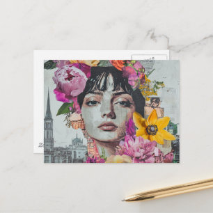 De dame in een stads collage bloemen gebouwen briefkaart