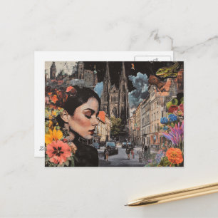 De dame in een stads collage bloemen gebouwen kikk briefkaart