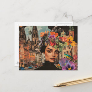 De dame in een stads collage bloemen kikkers vogel briefkaart