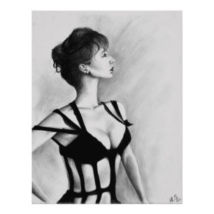 De Dame Vrouw Portret Zwarte Jurk Tekening Kunst Foto Afdruk