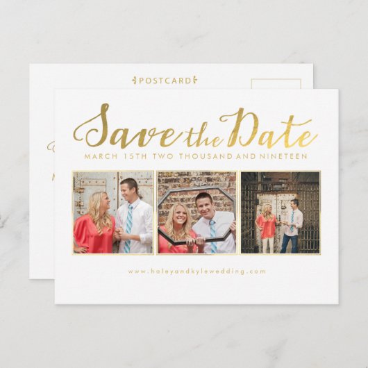 De datum opslaan Gold Script Typografie Fotokaarte Aankondigingskaart (Voorkant / Achterkant)