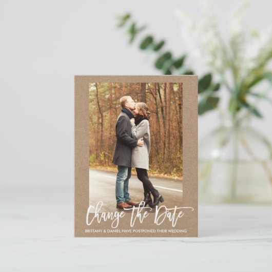 De datum wijzigen Photo Brush Script Kraft Briefkaart (Staand voorkant)