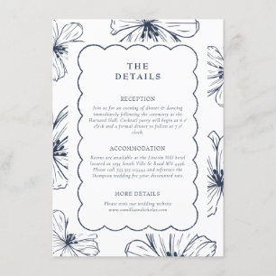 De details   Blauw gevoerd bloemenpatroon bruiloft Informatiekaartje