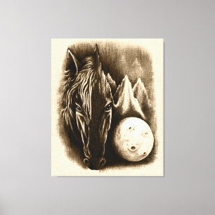 De donkere zijde - Surreal Black Horse and Moon Canvas Afdruk