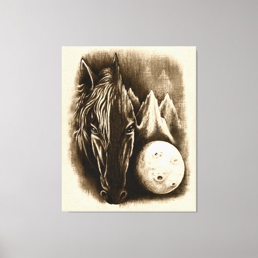 De donkere zijde - Surreal Black Horse and Moon Canvas Afdruk (Voorkant)