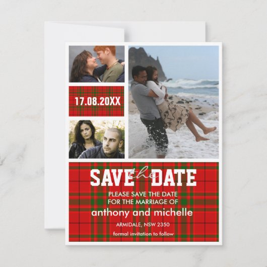 De douane tartan de bruiloft van het fotoblok bewa save the date (Voorkant)