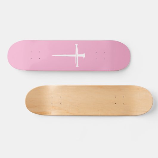 De drie spijkers, roze en wit kruis Christelijk Skateboard (Horizontaal)