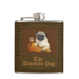 De Drunken Pug-logo erkolf. Heupfles
