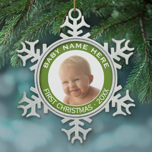 De eerste kerstfoto van de baby: Aangepaste naam e Tin Sneeuwvlok Ornament