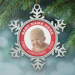 De eerste kerstfoto van de baby: Aangepaste naam e Tin Sneeuwvlok Ornament
