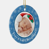 De eerste kerstfoto van de baby Blauw / Witte snee Keramisch Ornament (Rechts)