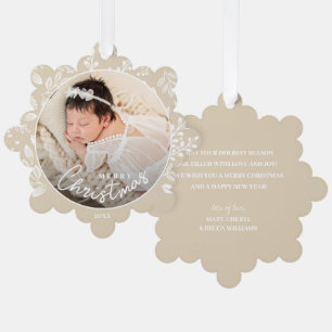De eerste kerstfoto van de baby op ivoorpapier ornament kaart